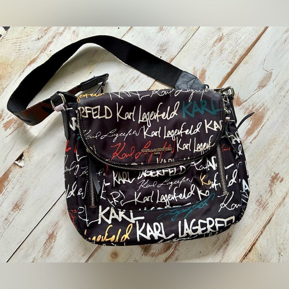 KARL LAGERFIELD PARIS Cara messenger bag black colorful logo streetwear purse - Picture 2 of 8